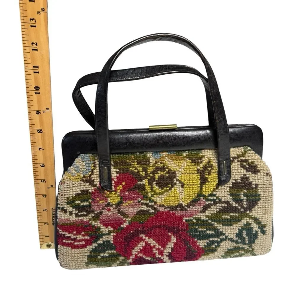 Vintage Jana Floral Needlepoint Tapestry Handbag 50s 60s Frame Top Clasp Closure